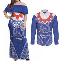 Queen Salote College 100 Years Personalized Couples Matching Off Shoulder Maxi Dress and Long Sleeve Button Shirt Tonga QSC Heilala Lei Blue Ngatu Pattern