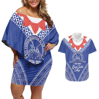 Queen Salote College 100 Years Personalized Couples Matching Off Shoulder Short Dress and Hawaiian Shirt Tonga QSC Heilala Lei Blue Ngatu Pattern