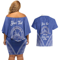 Queen Salote College 100 Years Personalized Couples Matching Off Shoulder Short Dress and Hawaiian Shirt Tonga QSC Heilala Lei Blue Ngatu Pattern