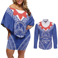 Queen Salote College 100 Years Personalized Couples Matching Off Shoulder Short Dress and Long Sleeve Button Shirt Tonga QSC Heilala Lei Blue Ngatu Pattern