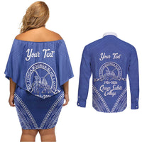 Queen Salote College 100 Years Personalized Couples Matching Off Shoulder Short Dress and Long Sleeve Button Shirt Tonga QSC Heilala Lei Blue Ngatu Pattern