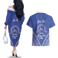 Queen Salote College 100 Years Personalized Couples Matching Off The Shoulder Long Sleeve Dress and Hawaiian Shirt Tonga QSC Heilala Lei Blue Ngatu Pattern