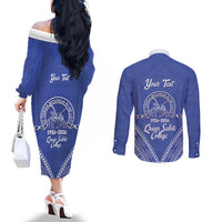 Queen Salote College 100 Years Personalized Couples Matching Off The Shoulder Long Sleeve Dress and Long Sleeve Button Shirt Tonga QSC Heilala Lei Blue Ngatu Pattern