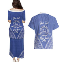 Queen Salote College 100 Years Personalized Couples Matching Puletasi and Hawaiian Shirt Tonga QSC Heilala Lei Blue Ngatu Pattern