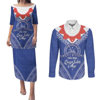 Queen Salote College 100 Years Personalized Couples Matching Puletasi and Long Sleeve Button Shirt Tonga QSC Heilala Lei Blue Ngatu Pattern