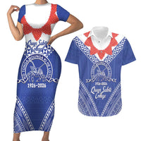 Queen Salote College 100 Years Personalized Couples Matching Short Sleeve Bodycon Dress and Hawaiian Shirt Tonga QSC Heilala Lei Blue Ngatu Pattern
