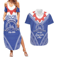 Queen Salote College 100 Years Personalized Couples Matching Summer Maxi Dress and Hawaiian Shirt Tonga QSC Heilala Lei Blue Ngatu Pattern LT14 Blue - Polynesian Pride