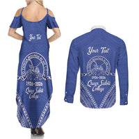 Queen Salote College 100 Years Personalized Couples Matching Summer Maxi Dress and Long Sleeve Button Shirt Tonga QSC Heilala Lei Blue Ngatu Pattern