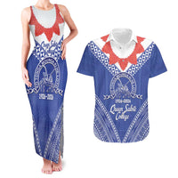 Queen Salote College 100 Years Personalized Couples Matching Tank Maxi Dress and Hawaiian Shirt Tonga QSC Heilala Lei Blue Ngatu Pattern