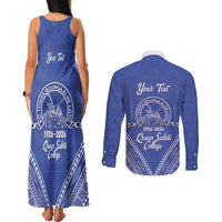 Queen Salote College 100 Years Personalized Couples Matching Tank Maxi Dress and Long Sleeve Button Shirt Tonga QSC Heilala Lei Blue Ngatu Pattern