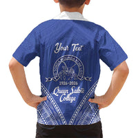 Queen Salote College 100 Years Personalized Family Matching Off The Shoulder Long Sleeve Dress and Hawaiian Shirt Tonga QSC Heilala Lei Blue Ngatu Pattern