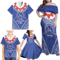 Queen Salote College 100 Years Personalized Family Matching Off Shoulder Maxi Dress and Hawaiian Shirt Tonga QSC Heilala Lei Blue Ngatu Pattern
