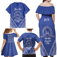 Queen Salote College 100 Years Personalized Family Matching Off Shoulder Maxi Dress and Hawaiian Shirt Tonga QSC Heilala Lei Blue Ngatu Pattern