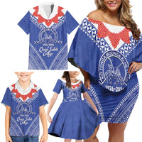 Queen Salote College 100 Years Personalized Family Matching Off Shoulder Short Dress and Hawaiian Shirt Tonga QSC Heilala Lei Blue Ngatu Pattern