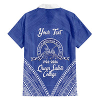 Queen Salote College 100 Years Personalized Family Matching Off Shoulder Short Dress and Hawaiian Shirt Tonga QSC Heilala Lei Blue Ngatu Pattern
