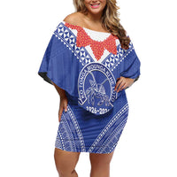 Queen Salote College 100 Years Personalized Family Matching Off Shoulder Short Dress and Hawaiian Shirt Tonga QSC Heilala Lei Blue Ngatu Pattern