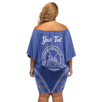 Queen Salote College 100 Years Personalized Family Matching Off Shoulder Short Dress and Hawaiian Shirt Tonga QSC Heilala Lei Blue Ngatu Pattern