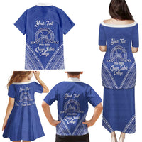 Queen Salote College 100 Years Personalized Family Matching Puletasi and Hawaiian Shirt Tonga QSC Heilala Lei Blue Ngatu Pattern