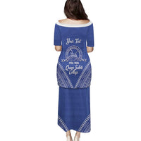 Queen Salote College 100 Years Personalized Family Matching Puletasi and Hawaiian Shirt Tonga QSC Heilala Lei Blue Ngatu Pattern