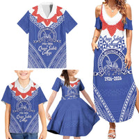Queen Salote College 100 Years Personalized Family Matching Summer Maxi Dress and Hawaiian Shirt Tonga QSC Heilala Lei Blue Ngatu Pattern