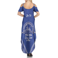 Queen Salote College 100 Years Personalized Family Matching Summer Maxi Dress and Hawaiian Shirt Tonga QSC Heilala Lei Blue Ngatu Pattern
