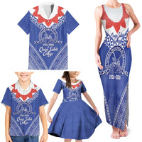 Queen Salote College 100 Years Personalized Family Matching Tank Maxi Dress and Hawaiian Shirt Tonga QSC Heilala Lei Blue Ngatu Pattern