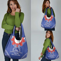 Queen Salote College 100 Years Personalized Grocery Bag Tonga QSC Heilala Lei Blue Ngatu Pattern