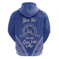 Queen Salote College 100 Years Personalized Hoodie Tonga QSC Heilala Lei Blue Ngatu Pattern