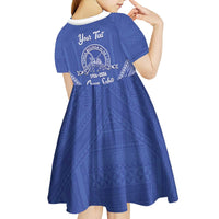 Queen Salote College 100 Years Personalized Kid Short Sleeve Dress Tonga QSC Heilala Lei Blue Ngatu Pattern