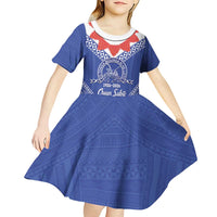 Queen Salote College 100 Years Personalized Kid Short Sleeve Dress Tonga QSC Heilala Lei Blue Ngatu Pattern