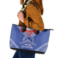 Queen Salote College 100 Years Personalized Leather Tote Bag Tonga QSC Heilala Lei Blue Ngatu Pattern