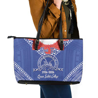 Queen Salote College 100 Years Personalized Leather Tote Bag Tonga QSC Heilala Lei Blue Ngatu Pattern