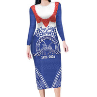 Queen Salote College 100 Years Personalized Long Sleeve Bodycon Dress Tonga QSC Heilala Lei Blue Ngatu Pattern
