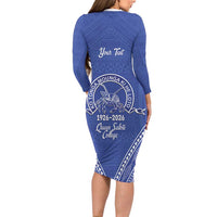 Queen Salote College 100 Years Personalized Long Sleeve Bodycon Dress Tonga QSC Heilala Lei Blue Ngatu Pattern