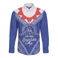 Queen Salote College 100 Years Personalized Long Sleeve Button Shirt Tonga QSC Heilala Lei Blue Ngatu Pattern