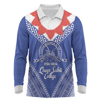 Queen Salote College 100 Years Personalized Long Sleeve Polo Shirt Tonga QSC Heilala Lei Blue Ngatu Pattern