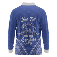 Queen Salote College 100 Years Personalized Long Sleeve Polo Shirt Tonga QSC Heilala Lei Blue Ngatu Pattern
