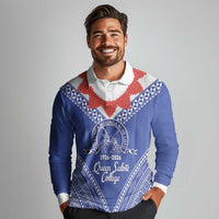 Queen Salote College 100 Years Personalized Long Sleeve Polo Shirt Tonga QSC Heilala Lei Blue Ngatu Pattern
