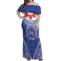 Queen Salote College 100 Years Personalized Off Shoulder Maxi Dress Tonga QSC Heilala Lei Blue Ngatu Pattern