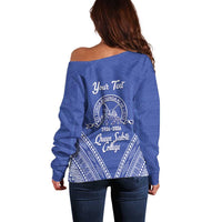 Queen Salote College 100 Years Personalized Off Shoulder Sweater Tonga QSC Heilala Lei Blue Ngatu Pattern
