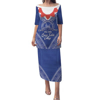 Queen Salote College 100 Years Personalized Puletasi Tonga QSC Heilala Lei Blue Ngatu Pattern