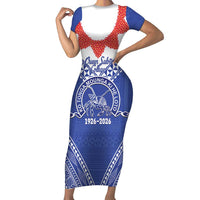 Queen Salote College 100 Years Personalized Short Sleeve Bodycon Dress Tonga QSC Heilala Lei Blue Ngatu Pattern
