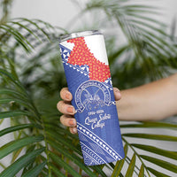 Queen Salote College 100 Years Personalized Skinny Tumbler Tonga QSC Heilala Lei Blue Ngatu Pattern