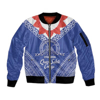 Queen Salote College 100 Years Personalized Sleeve Zip Bomber Jacket Tonga QSC Heilala Lei Blue Ngatu Pattern