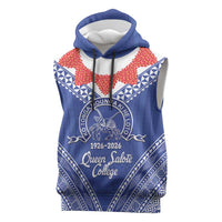 Queen Salote College 100 Years Personalized Sleeveless Hoodie Tonga QSC Heilala Lei Blue Ngatu Pattern