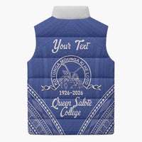 Queen Salote College 100 Years Personalized Sleeveless Puffer Jacket Tonga QSC Heilala Lei Blue Ngatu Pattern