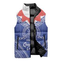 Queen Salote College 100 Years Personalized Sleeveless Puffer Jacket Tonga QSC Heilala Lei Blue Ngatu Pattern