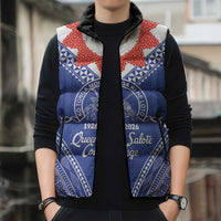 Queen Salote College 100 Years Personalized Sleeveless Puffer Jacket Tonga QSC Heilala Lei Blue Ngatu Pattern