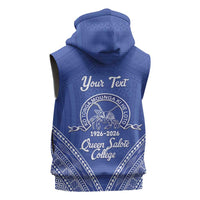 Queen Salote College 100 Years Personalized Sleeveless Zip Hoodie Tonga QSC Heilala Lei Blue Ngatu Pattern