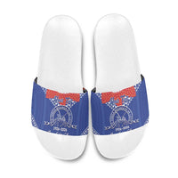 Queen Salote College 100 Years Personalized Slide Sandals Tonga QSC Heilala Lei Blue Ngatu Pattern